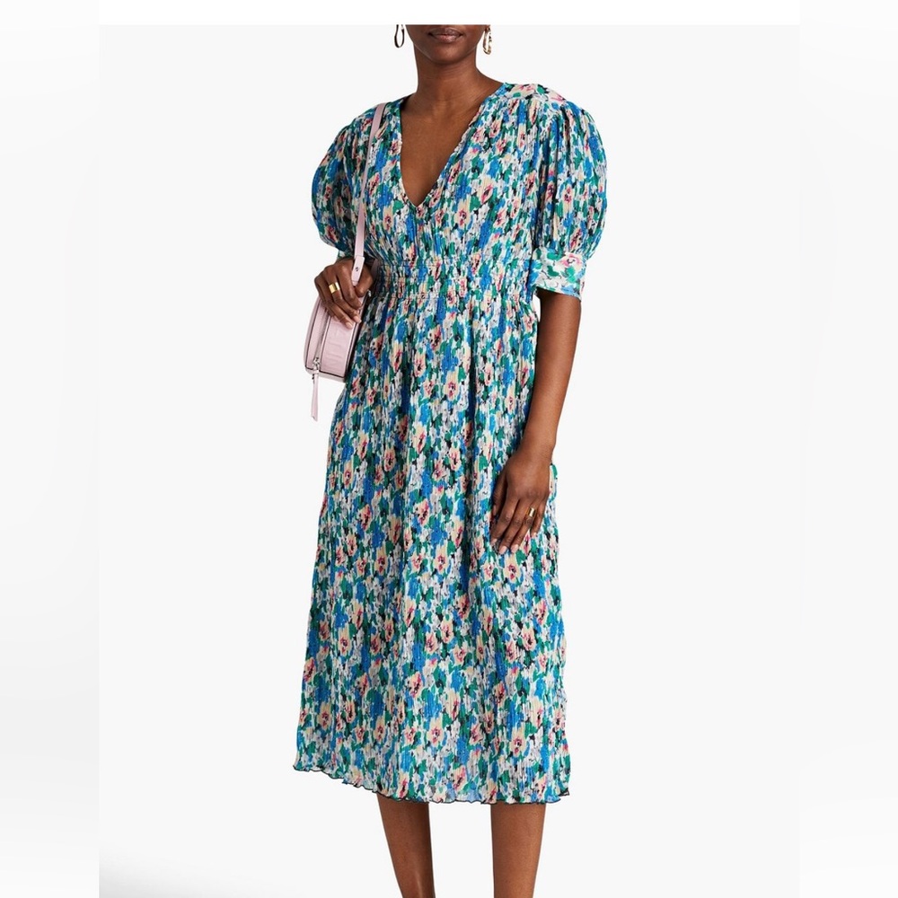 GANNI Floral Print plissè-georgette midi dress. Size 40